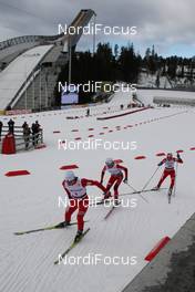 13.03.2010, Holmenkollen, Norway (NOR): group, in front Marit Bjoergen (NOR), Fischer, Rottefella, Swix, Kristin Stoermer Steira (NOR), Madshus, Rottefella, One Way, Swix, Therese Johaug (NOR), Fischer, Salomon, Swix  - FIS world cup cross-country, 30km women, Holmenkollen (NOR). www.nordicfocus.com. © Hemmersbach/NordicFocus. Every downloaded picture is fee-liable.