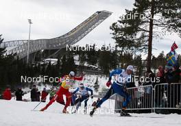13.03.2010, Holmenkollen, Norway (NOR):  group, in front Vincent Vittoz (FRA), Rossignol, Rottefella, One Way, Odlo, behind Petter Northug (NOR), Fischer, Rottefella, Alpina, Ski Go, Swix, behind Maurice Manificat (FRA), Fischer, Swix, Odlo  - FIS world cup cross-country, 50km men, Holmenkollen (NOR). www.nordicfocus.com. © Hemmersbach/NordicFocus. Every downloaded picture is fee-liable.