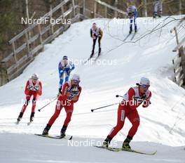 20.03.2010, Falun, Sweden (SWE): l-r: Kristin Stoermer Steira (NOR), Madshus, Salomon, One Way, Swix, Therese Johaug (NOR), Fischer, Salomon, Swix, Marit Bjoergen (NOR), Fischer, Rottefella, Swix  - FIS world cup cross-country, pursuit women, Falun (SWE). www.nordicfocus.com. © Felgenhauer/NordicFocus. Every downloaded picture is fee-liable.