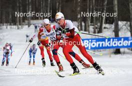 20.03.2010, Falun, Sweden (SWE): l-r: Vibeke W. Skofterud (NOR), Fischer, Rottefella, Alpina, One Way, Swix, Katerina Smutna (AUT), Fischer, Rottefella, Rossignol, Komperdell  - FIS world cup cross-country, pursuit women, Falun (SWE). www.nordicfocus.com. © Felgenhauer/NordicFocus. Every downloaded picture is fee-liable.