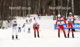 20.03.2010, Falun, Sweden (SWE): l-r: Charlotte Kalla (SWE), Fischer, Salomon, Swix, Craft, Therese Johaug (NOR), Fischer, Salomon, Swix, Marit Bjoergen (NOR), Fischer, Rottefella, Swix, Kristin Stoermer Steira (NOR), Madshus, Salomon, One Way, Swix  - FIS world cup cross-country, pursuit women, Falun (SWE). www.nordicfocus.com. Â© Felgenhauer/NordicFocus. Every downloaded picture is fee-liable.