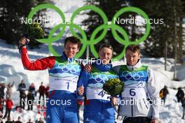 17.02.2010, Whistler, Canada (CAN): podium, l-r: Alexander Panzhinskiy (RUS), Adidas, Rossignol, Swix, Nikita Kriukov (RUS), Rossignol, Rottefella, Swix, adidas, Petter Northug (NOR), Fischer, Rottefella, Alpina, Ski Go, Swix   - Olympic Winter Games Vancouver 2010, cross-country, individual sprint, Whistler (CAN). www.nordicfocus.com. © NordicFocus. Every downloaded picture is fee-liable.