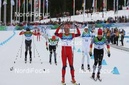 28.02.2010, Whistler, Canada (CAN): Petter Northug (NOR), Fischer, Rottefella, Alpina, Ski Go, Swix  wins the 50km mass start agains Axel Teichmann (GER), Madshus, Rottefella, Swix, adidas, Toko - Olympic Winter Games Vancouver 2010, cross-country, mass men, Whistler (CAN). www.nordicfocus.com. © NordicFocus. Every downloaded picture is fee-liable.