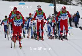 28.02.2010, Whistler, Canada (CAN): group, l-r: Martin Johnsrud Sundby (NOR), Fischer, Rottefella, Alpina, Swix, (behind) Petter Northug (NOR), Fischer, Rottefella, Alpina, Ski Go, Swix, Odd-Bjoern Hjelmeset (NOR), Peltonen, Rottefella, One Way, Alpina, Jens Arne Svartedal (NOR), Atomic, Salomon, Swix  - Olympic Winter Games Vancouver 2010, cross-country, mass men, Whistler (CAN). www.nordicfocus.com. © NordicFocus. Every downloaded picture is fee-liable.