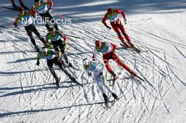 20.02.2010, Whistler, Canada (CAN): Johan Olsson (SWE), Madshus, Salomon, Leki, Craft leads Dario Cologna (SUI), Fischer, Rottefella, Alpina, Swix, adidas, Jens Filbrich (GER), Rossignol, Rottefella, One Way, adidas, Tobias Angerer (GER), Rossignol, Rottefella, One Way, adidas, Petter Northug (NOR), Fischer, Rottefella, Alpina, Ski Go, Swix , Devon Kershaw (CAN), Fischer, Salomon, Swix and George Grey (CAN), Fischer - Olympic Winter Games Vancouver 2010, cross-country, pursuit men, Whistler (CAN). www.nordicfocus.com. © NordicFocus. Every downloaded picture is fee-liable.