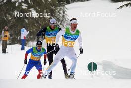 24.02.2010, Whistler, Canada (CAN): l-r: Jiri Magal (CZE), Fischer, Salomon, Maurice Manificat (FRA), Fischer, Swix, Odlo, Anders Soedergren (SWE), Fischer, Salomon, Craft  - Olympic Winter Games Vancouver 2010, cross-country, 4x10km men, Whistler (CAN). www.nordicfocus.com. © NordicFocus. Every downloaded picture is fee-liable.