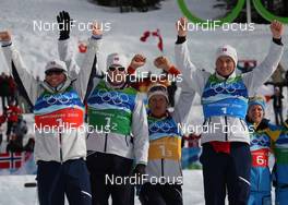 24.02.2010, Whistler, Canada (CAN): Team Norway, l-r: Martin Johnsrud Sundby (NOR), Fischer, Rottefella, Alpina, Swix, Odd-Bjoern Hjelmeset (NOR), Peltonen, Rottefella, One Way, Alpina, Lars Berger (NOR), Madshus, Rottefella, Swix, Petter Northug (NOR), Fischer, Rottefella, Alpina, Ski Go, Swix   - Olympic Winter Games Vancouver 2010, cross-country, 4x10km men, Whistler (CAN). www.nordicfocus.com. © NordicFocus. Every downloaded picture is fee-liable.