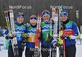 25.02.2010, Whistler, Canada (CAN): Team Finland, l-r: Aino Kaisa Saarinen (FIN), Rossignol, Rottefella, One Way, Riitta Liisa Roponen (FIN), Atomic, Salomon, Leki , Virpi Kuitunen (FIN), Rossignol, Rottefella, One Way, Yoko, Pirjo Muranen (FIN), Fischer, Rottefella, Exel  - Olympic Winter Games Vancouver 2010, cross-country, 4x5km women, Whistler (CAN). www.nordicfocus.com. © NordicFocus. Every downloaded picture is fee-liable.