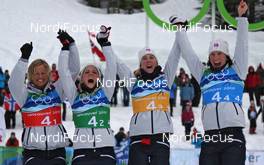 25.02.2010, Whistler, Canada (CAN): Team Norway, l-r: Vibeke W. Skofterud (NOR), Fischer, Rottefella, Alpina, One Way, Swix, Therese Johaug (NOR), Fischer, Salomon, Swix, Kristin Stoermer Steira (NOR), Madshus, Rottefella, One Way, Swix, Marit Bjoergen (NOR), Fischer, Rottefella, Swix  - Olympic Winter Games Vancouver 2010, cross-country, 4x5km women, Whistler (CAN). www.nordicfocus.com. © NordicFocus. Every downloaded picture is fee-liable.