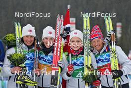 25.02.2010, Whistler, Canada (CAN): Team Norway, l-r: Marit Bjoergen (NOR), Fischer, Rottefella, Swix, Kristin Stoermer Steira (NOR), Madshus, Rottefella, One Way, Swix, Therese Johaug (NOR), Fischer, Salomon, Swix, Vibeke W. Skofterud (NOR), Fischer, Rottefella, Alpina, One Way, Swix  - Olympic Winter Games Vancouver 2010, cross-country, 4x5km women, Whistler (CAN). www.nordicfocus.com. © NordicFocus. Every downloaded picture is fee-liable.