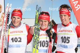 16.01.2010, Marbach, Switzerland (SUI): (l-r) juniors podium with Jonas Baumann (SUI), Roman Furger (SUI), Candide Pralong (SUI) - Swiss National Championships 2010, cross-country, mens pursuit, Marbach (SUI). www.nordicfocus.com. © Manzoni/NordicFocus. Every downloaded picture is fee-liable.