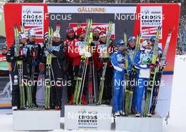 21.11.2010, Gaellivare, Sweden (SWE): podium, l-r: 2nd Team Sweden, 1st Team Norway, 3rd Team Italy  - FIS world cup cross-country, 4x5km women, Gaellivare (SWE). www.nordicfocus.com. © Hemmersbach/NordicFocus. Every downloaded picture is fee-liable.