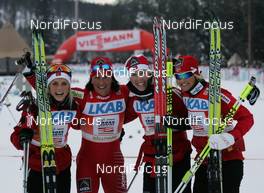 21.11.2010, Gaellivare, Sweden (SWE): 1st Team Norway, l-r: Therese Johaug (NOR), Fischer, Salomon, Swix, Marit Bjoergen (NOR), Fischer, Rottefella, Swix, Kristin Stoermer Steira (NOR), Madshus, Salomon, One Way, Swix, Vibeke W. Skofterud (NOR), Fischer, Rottefella, Alpina, One Way, Swix - FIS world cup cross-country, 4x5km women, Gaellivare (SWE). www.nordicfocus.com. © Hemmersbach/NordicFocus. Every downloaded picture is fee-liable.