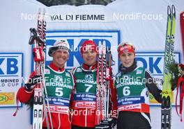 10.01.2010, Val di Fiemme, Italy (ITA): podium, l-r: Todd Lodwick (USA), Atomic, Bill Demong (USA), Atomic, Eric Frenzel (GER), Fischer, Salomon, adidas  - FIS world cup nordic combined, individual gundersen HS134/10km, Val di Fiemme (ITA). www.nordicfocus.com. © Hemmersbach/NordicFocus. Every downloaded picture is fee-liable.