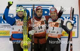 05.03.2010, Lahti, Finland (FIN): (l-r) Hannu Manninen (FIN), Mognus Moan (NOR), Tino Edelmann (GER) - FIS world cup nordic combined, individual gundersen HS130/10km, Lahti (FIN). www.nordicfocus.com. © Laiho/NordicFocus. Every downloaded picture is fee-liable.