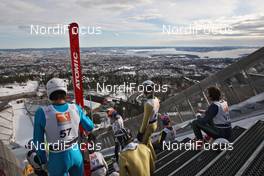 12.03.2010, Holmenkollen, Norway (NOR): on the jumping tower, in the background Oslo and Olso Fjord - FIS world cup nordic combined, training, Holmenkollen (NOR). www.nordicfocus.com. © Hemmersbach/NordicFocus. Every downloaded picture is fee-liable.