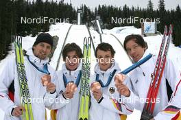 24.02.2010, Whistler, Canada (CAN): Team Germany with (L-R) Bjoern Kircheisen (GER), Fischer, Rottefella, Johannes Rydzek (GER), Eric Frenzel (GER), Fischer, Salomon, adidas, Tino Edelmann (GER), Elan, Madshus, Rottefella, adidas - Olympic Winter Games Vancouver 2010, nordic combined, medals, Whistler (CAN). www.nordicfocus.com. © NordicFocus. Every downloaded picture is fee-liable.