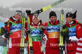 23.02.2010, Whistler, Canada (CAN): team Oesterreich, group, l-r: Bernhard Gruber (AUT), Fischer, Rottefella, David Kreiner (AUT), Fischer, Salomon, Komperdell, Felix Gottwald (AUT), Mario Stecher (AUT), Fischer, Rottefella  - Olympic Winter Games Vancouver 2010, nordic combined, team HS140/4x5km, Whistler (CAN). www.nordicfocus.com. © NordicFocus. Every downloaded picture is fee-liable.