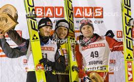 09.03.2010, Kuopio, Finland (FIN):  (l-r) Adam Malysz (POL), Simon Ammann (SUI), Anders Jacobsen (NOR) - FIS world cup ski jumping, individual HS127, Kuopio (FIN). www.nordicfocus.com. © Laiho/NordicFocus. Every downloaded picture is fee-liable.