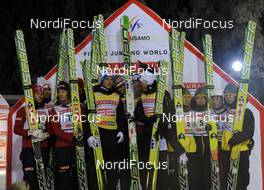 27.11.2010, Kuusamo, Finland (FIN): l-r: Norway, Austria, Japan - FIS world cup ski jumping, team HS142, Kuusamo (FIN). www.nordicfocus.com. Â© Felgenhauer/NordicFocus. Every downloaded picture is fee-liable.