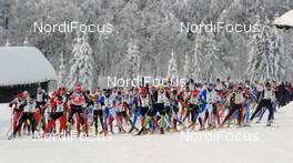 24.01.2010, Lienz, Austria (AUT): Oskar Svaerd (SWE), Atomic, Exel, Toko and Jerry Ahrlin (SWE), Madshus, One Way  leading the start - FIS Marathon Cup Dolomitenlauf, Lienz (AUT). www.nordicfocus.com. © Felgenhauer/NordicFocus. Every downloaded picture is fee-liable.