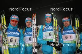 05.01.2011, Oberhof, Germany (GER): (L-R): Serhiy Semenov (UKR), Fischer, Rottefella, Alpina, Swix, Serguei Sednev (UKR), Rossignol, Rottefella, Alpina, Swix, Andriy Deryzemlya (UKR), Fischer, Rottefella, Swix, Olexaner Bilanenko (UKR), Fischer, Salomon - IBU world cup biathlon, relay men, Oberhof (GER). www.nordicfocus.com. © Manzoni/NordicFocus. Every downloaded picture is fee-liable.