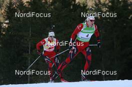 16.01.2011, Ruhpolding, Germany (GER): (L-R): Tarjei Boe (NOR), Fischer, Rottefella, Swix, ODLO, Emil Hegle Svendsen (NOR), Madshus, Rottefella, Swix, Odlo - IBU world cup biathlon, pursuit men, Ruhpolding (GER). www.nordicfocus.com. © Manzoni/NordicFocus. Every downloaded picture is fee-liable.