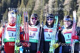 23.01.2011, Antholz, Italy (ITA): (L-R): Tarjei Boe (NOR), Fischer, Rottefella, Swix, ODLO, Emil Hegle Svendsen (NOR), Madshus, Rottefella, Swix, Odlo, Alexander Os (NOR), Fischer, Rottefella, Swix, Odlo, Ole Einar Bjoerndalen (NOR), Madshus, Rottefella, Odlo - IBU world cup biathlon, relay men, Antholz (ITA). www.nordicfocus.com. © Manzoni/NordicFocus. Every downloaded picture is fee-liable.