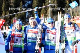 23.01.2011, Antholz, Italy (ITA): (L-R): Christian de Lorenzi (ITA), Atomic, Rottefella, Alpina, OneWay, Rene Laurent Vuillermoz (ITA), Rossignol, Rottefella, Exel, Lukas Hofer (ITA), Rossignol, Rottefella, Exel, Markus Windisch (ITA), Fischer, Rottefella, Alpina, Leki - IBU world cup biathlon, relay men, Antholz (ITA). www.nordicfocus.com. © Manzoni/NordicFocus. Every downloaded picture is fee-liable.