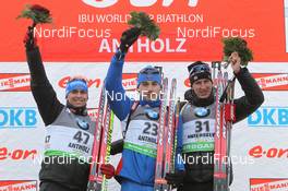 20.01.2011, Antholz, Italy (ITA): (L-R): Michael Greis (GER), Madshus, Rottefella, OneWay, adidas, Anton Shipulin (RUS), Madshus, Rottefella, adidas, Lars Berger (NOR), Madshus, Salomon, Swix, Odlo - IBU world cup biathlon, sprint men, Antholz (ITA). www.nordicfocus.com. © Manzoni/NordicFocus. Every downloaded picture is fee-liable.
