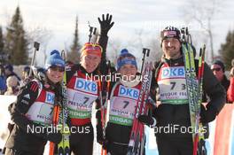 05.02.2011, Presque Isle, United States of America (USA): (l-r). Magdalena Neuner (GER), Fischer, Rottefella, Exel, adidas, Daniel Boehm (GER), Fischer, Rottefella, Alpina, Exel, Rudy Project, adidas, Kathrin Hitzer (GER), Madshus, Rottefella, Swix, adidas, Alexander Wolf (GER), Fischer, Rottefella, Alpina, Leki adidas, Toko - IBU world cup biathlon, relay mixed, Presque Isle (USA). www.nordicfocus.com. © Manzoni/NordicFocus. Every downloaded picture is fee-liable.