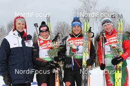 13.02.2011, Fort Kent, United States of America (USA): (L-R): Andrea Henkel (GER), Fischer, Rottefella, Exel, adidas, Toko, Magdalena Neuner (GER), Fischer, Rottefella, Exel, adidas, Darya Domracheva (BLR), Fischer, Rottefella, Swix - IBU world cup biathlon, mass women, Fort Kent (USA). www.nordicfocus.com. © Manzoni/NordicFocus. Every downloaded picture is fee-liable.