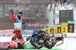 12.02.2011, Fort Kent, United States of America (USA): Andrea Henkel (GER), Fischer, Rottefella, Exel, adidas, Toko, Magdalena Neuner (GER), Fischer, Rottefella, Exel, adidas, Tora Berger (NOR), Fischer, Rottefella, Odlo - IBU world cup biathlon, pursuit women, Fort Kent (USA). www.nordicfocus.com. © Manzoni/NordicFocus. Every downloaded picture is fee-liable.
