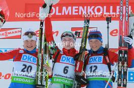 20.03.2011, Holmenkollen, Norway (NOR): (L-R): Anna Bogaly-Titovets (RUS), Fischer, Rottefella, Alpina, OneWay, adidas, Darya Domracheva (BLR), Fischer, Rottefella, Swix, Olga Zaitseva (RUS), Madshus, Rottefella, Alpina, Swix, adidas - IBU world cup biathlon, mass women, Holmenkollen (NOR). www.nordicfocus.com. © Manzoni/NordicFocus. Every downloaded picture is fee-liable.
