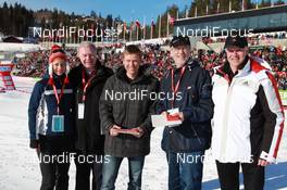 19.03.2011, Holmenkollen, Norway (NOR): Biathlon Feature: Honoration with IBU medals of honor (L-R): Nicole Resch (GER), secretary general IBU, Hans Kveli (NOR), Halvard Hanevold (NOR), Madshus, Rottefella, Swix, Odlo, Jorma Helen (FIN), Anders Besseberg (NOR), president of IBU, International Biathlon Union - IBU world cup biathlon, pursuit men, Holmenkollen (NOR). www.nordicfocus.com. © Manzoni/NordicFocus. Every downloaded picture is fee-liable.