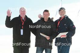 19.03.2011, Holmenkollen, Norway (NOR): Biathlon Feature: Honoration with IBU medals of honor (L-R): Hans Kveli (NOR), Halvard Hanevold (NOR), Madshus, Rottefella, Swix, Odlo, Jorma Helen (FIN) - IBU world cup biathlon, pursuit men, Holmenkollen (NOR). www.nordicfocus.com. © Manzoni/NordicFocus. Every downloaded picture is fee-liable.