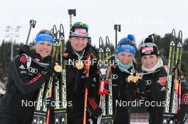 13.03.2011, Khanty-Mansiysk, Russia (RUS): (L-R): Magdalena Neuner (GER), Fischer, Rottefella, Exel, adidas, Tina Bachmann (GER), Fischer, Rottefella, Swix, adidas , Miriam Goessner (GER), Fischer, Salomon, Swix, adidas, Andrea Henkel (GER), Fischer, Rottefella, Exel, adidas, Toko - IBU world championships biathlon, medals, Khanty-Mansiysk (RUS). www.nordicfocus.com. © Manzoni/NordicFocus. Every downloaded picture is fee-liable.