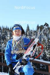 02.03.2011, Khanty-Mansiysk, Russia (RUS): Dorothea Wierer (ITA), Rossignol, Rottefella, Casco with her four gold and three silver medals from the Junior World Championships and the European Championship- IBU world championships biathlon, medals, Khanty-Mansiysk (RUS). www.nordicfocus.com. © Manzoni/NordicFocus. Every downloaded picture is fee-liable.
