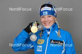 18.03.2011, Khanty-Mansiysk, Russia (RUS): Kaisa Maekaeraeinen (FIN), Fischer, Rottefella, Leki, Odlo - IBU world championships biathlon, medals, Khanty-Mansiysk (RUS). www.nordicfocus.com. © Manzoni/NordicFocus. Every downloaded picture is fee-liable.