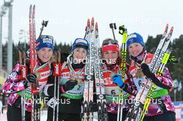 13.03.2011, Khanty-Mansiysk, Russia (RUS): (L-R): Anais Bescond (FRA), Madshus, Rottefella, Swix, OneWay, Marie Laure Brunet (FRA), Rossignol, Rottefella, Swix, Sofie Boilley (FRA), Rossignol, Rottefella, OneWay, Marie Dorin (FRA), Rossignol, Rottefella, OneWay - IBU world championships biathlon, medals, Khanty-Mansiysk (RUS). www.nordicfocus.com. © Manzoni/NordicFocus. Every downloaded picture is fee-liable.