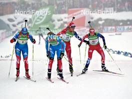 11.12.2011, Hochfilzen, Austria (AUT): l-r: Anna Bogaly-Titovets (RUS), Fischer, Rottefella, Alpina, OneWay, adidas, Natalia Sorokina (RUS), Atomic, OneWay, adidas, Gabriela Soukalova (CZE), Barbora Tomesova (CZE), Salomon, OneWay  - IBU world cup biathlon, relay women, Hochfilzen (AUT). www.nordicfocus.com. © Felgenhauer/NordicFocus. Every downloaded picture is fee-liable.