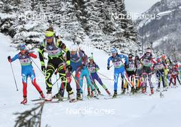18.12.2011, Hochfilzen, Austria (AUT): Marie Dorin (FRA), Rossignol, Rottefella, OneWay leads the field ahead of Olga Vilukhina (RUS), Fischer, Rottefella, Swix, adidas  - IBU world cup biathlon, relay mixed, Hochfilzen (AUT). www.nordicfocus.com. © Manzoni/NordicFocus. Every downloaded picture is fee-liable.
