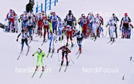 03.01.2011, Oberstdorf, Germany (GER): feature, the first bridge after the start, in front Petra Majdic (SLO), Fischer, Rottefella, Alpina, One Way, right side behind Justyna Kowalczyk (POL), Fischer, Salomon, Swix  - FIS world cup cross-country, tour de ski, pursuit women, Oberstdorf (GER). www.nordicfocus.com. © Hemmersbach/NordicFocus. Every downloaded picture is fee-liable.