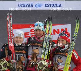 23.01.2011, Otepaeae, Estland (EST): podium, l-r: Hanna Brodin (SWE), Madshus, Craft, Rottefella, Casco, Petra Majdic (SLO), Fischer, Rottefella, Alpina, One Way, Maiken Caspersen Falla (NOR), Fischer, Rottefella, Alpina, Swix  - FIS world cup cross-country, individual sprint, Otepaeae (EST). www.nordicfocus.com. © Hemmersbach/NordicFocus. Every downloaded picture is fee-liable.
