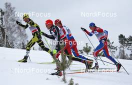 04.02.2011, Rybinsk, Russia (RUS): group, l-r: Jean Marc Gaillard (FRA), Fischer, Rottefella, Swix, One Way, Tobias Angerer (GER), Rossignol, Rottefella, One Way, adidas, Ilia Chernousov (RUS), Fischer, Rottefella, Swix, adidas, Alexander Legkov (RUS), Madshus, Rottefella, Swix, adidas  - FIS world cup cross-country, pursuit men, Rybinsk (RUS). www.nordicfocus.com. © Hemmersbach/NordicFocus. Every downloaded picture is fee-liable.