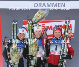 20.02.2011, Drammen, Norway (NOR): podium, l-r: 3rd Charlotte Kalla (SWE), Fischer, Salomon, Swix, Craft, 1st Kikkan Randall (USA), Fischer, Salomon, Swix, 2nd Maiken Caspersen Falla (NOR), Fischer, Rottefella, Alpina, Swix  - FIS world cup cross-country, individual sprint, Drammen (NOR). www.nordicfocus.com. © Hemmersbach/NordicFocus. Every downloaded picture is fee-liable.