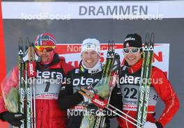 20.02.2011, Drammen, Norway (NOR): podium, l-r: 3rd Petter Northug (NOR), Fischer, Rottefella, Alpina, Ski Go, Swix, 1st Emil Joensson (SWE), Fischer, Salomon, Craft, Swix, 2nd Alex Harvey (CAN), Fischer, Salomon, Swix  - FIS world cup cross-country, individual sprint, Drammen (NOR). www.nordicfocus.com. © Hemmersbach/NordicFocus. Every downloaded picture is fee-liable.