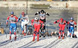16.03.2011, Stockholm, Sweden (SWE): l-r: Evgeniy Belov (RUS), Fischer, Alpina, Swix, Adidas, Giorgio di Centa (ITA), Trab, Alpina, Rottefella, Swix, Rudy Project, Petter Northug (NOR), Fischer, Rottefella, Alpina, Ski Go, Swix, Andrew Newell (USA), Fischer, Salomon, Swix,  - FIS world cup cross-country, individual sprint, Stockholm (SWE). www.nordicfocus.com. © Felgenhauer/NordicFocus. Every downloaded picture is fee-liable.
