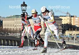16.03.2011, Stockholm, Sweden (SWE): l-r: Perianne Jones (CAN), Fischer, Katerina Smutna (AUT), Fischer, Rottefella, Rossignol, One Way, Anna Haag (SWE), Atomic, Salomon, One Way, Craft   - FIS world cup cross-country, individual sprint, Stockholm (SWE). www.nordicfocus.com. © Felgenhauer/NordicFocus. Every downloaded picture is fee-liable.