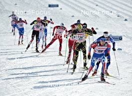 19.03.2011, Falun, Sweden (SWE): Alexander Legkov (RUS), Madshus, Rottefella, Swix, adidas, ahead of Lukas Bauer (CZE), Fischer, Rottefella, Alpina, Swix, Toko and Jean Marc Gaillard (FRA), Fischer, Rottefella, Swix, One Way  - FIS world cup cross-country, pursuit men, Falun (SWE). www.nordicfocus.com. © Felgenhauer/NordicFocus. Every downloaded picture is fee-liable.